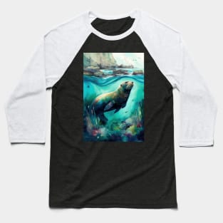 Colorful Watercolor Steller Sea Lion Artwork Baseball T-Shirt